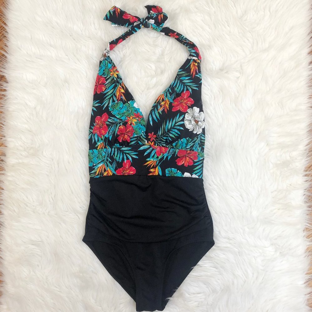 NWT! SWIMSUITS FOR ALL Tropical Floral Halter-Tie One-Piece Swimsuit 6